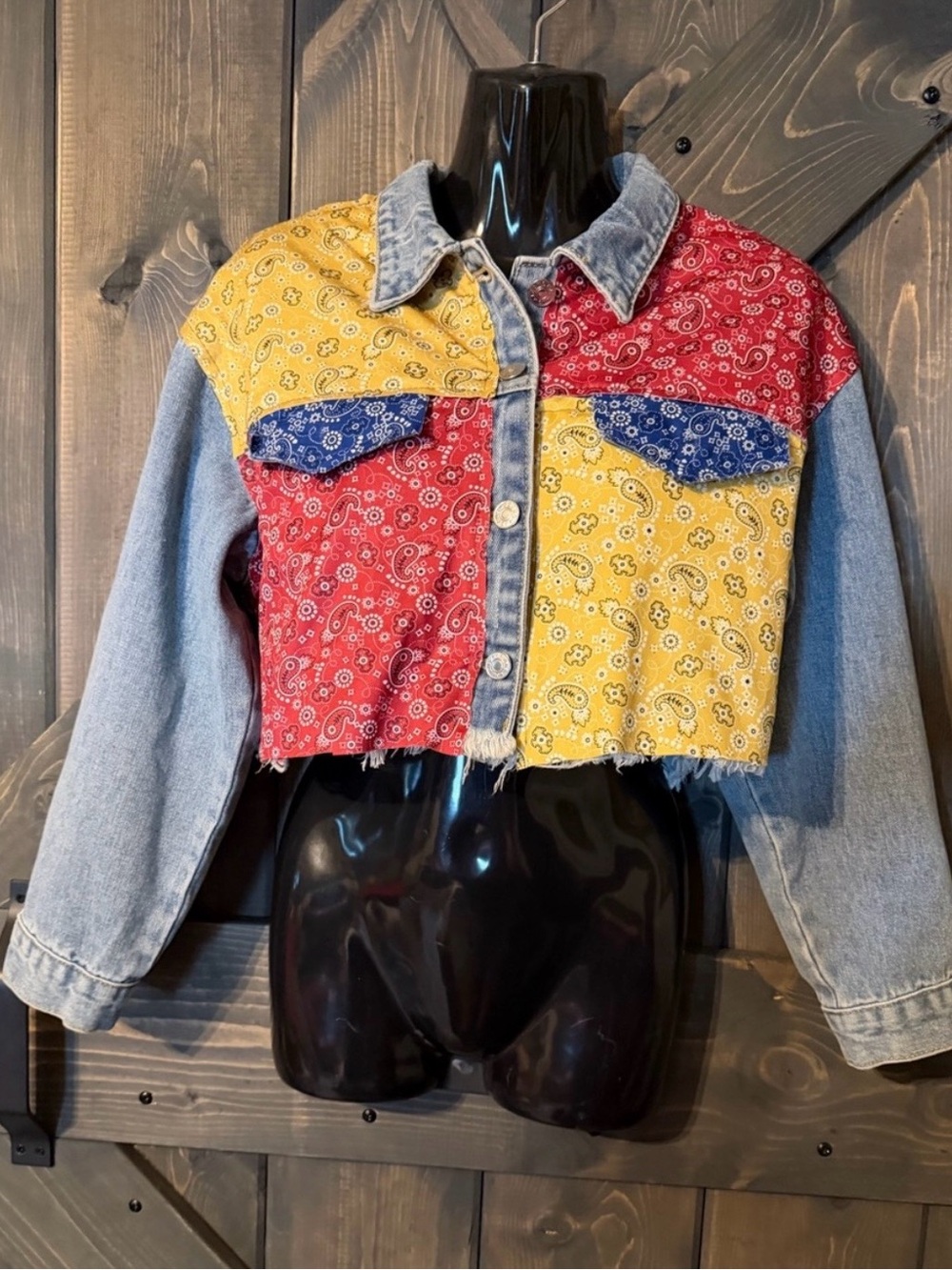 Bandana Patchwork Cropped Denim Jacket - Multicolor - Picture 2 of 8